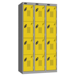 Grey steel locker with fifteen yellow perforated doors and black handles