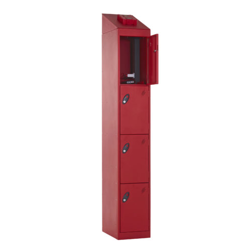 Tall red charging locker with fire suppression unit and one open compartment showing power sockets