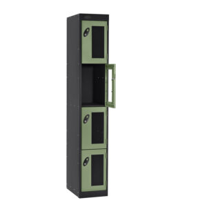 Green and black four door locker with vision panels and one door open