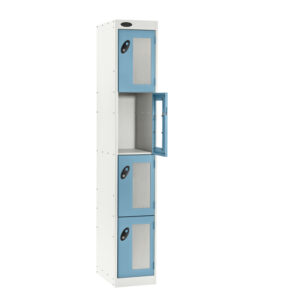 Tall white locker with blue vision panel doors and one open compartment showing the interior
