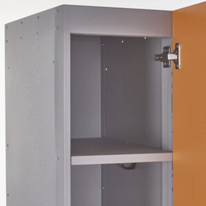 Open grey metal Probe BuzzBox cabinet with orange door and internal shelf