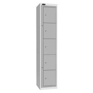 Tall grey garment dispenser and collector locker with five lockable compartments
