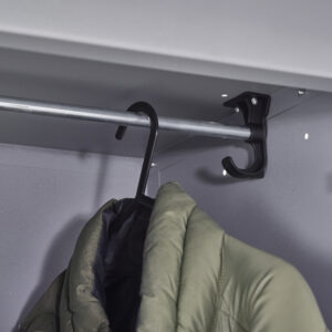 Interior hanging rail with black bracket and coat hanger inside a grey locker