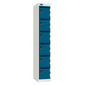 Tall white postal locker with six blue lockable compartments and mail slots