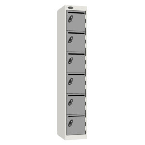 Tall white postal locker with six grey lockable compartments and letter slots
