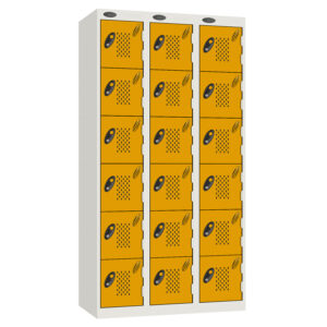 White locker unit with orange perforated doors in three columns