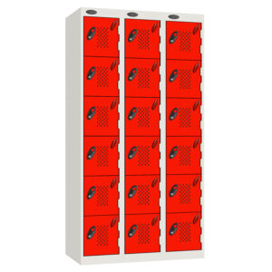 Three column locker with red perforated doors and white frame