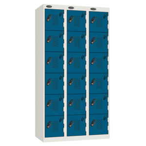 Three column locker unit with blue perforated doors and white frame
