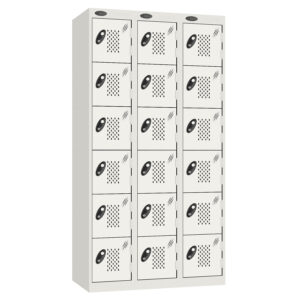White three column locker unit with perforated doors and black handles