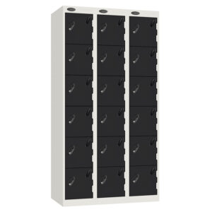 Three column locker unit with black perforated doors and white frame
