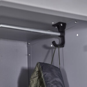 Interior hanging rail and hook inside the Probe BuzzBox locker with a coat hanging below