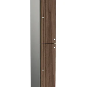 Tall aluminium locker with grey sides and two walnut effect lockable doors