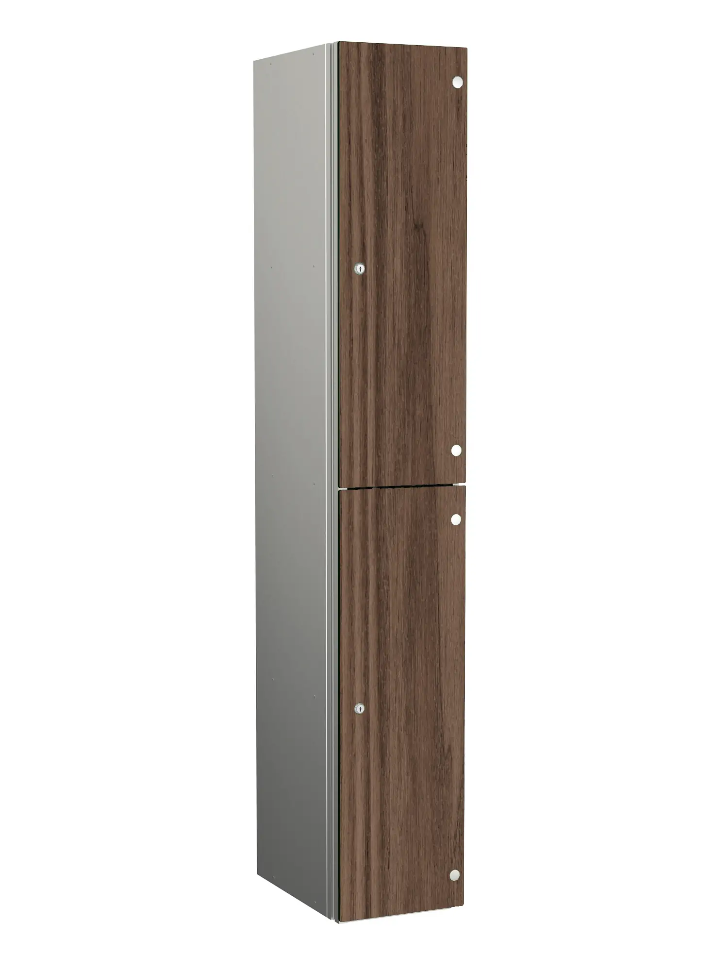 Tall aluminium locker with grey sides and two walnut effect lockable doors