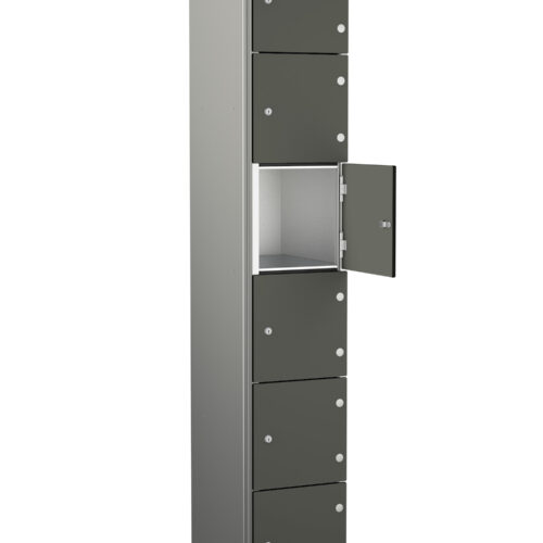 Tall grey metal locker unit with five compartments and one door open showing empty storage space