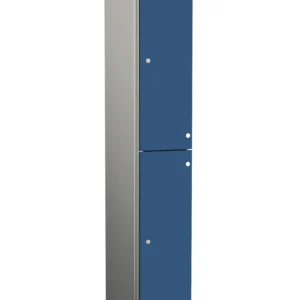 Tall aluminium locker with two blue lockable doors and silver side panels