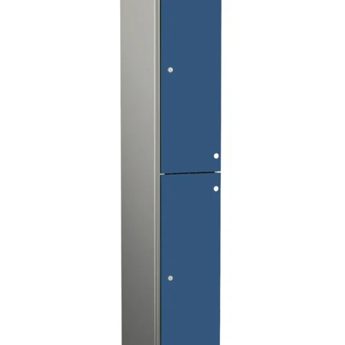 Tall aluminium locker with two blue lockable doors and silver side panels