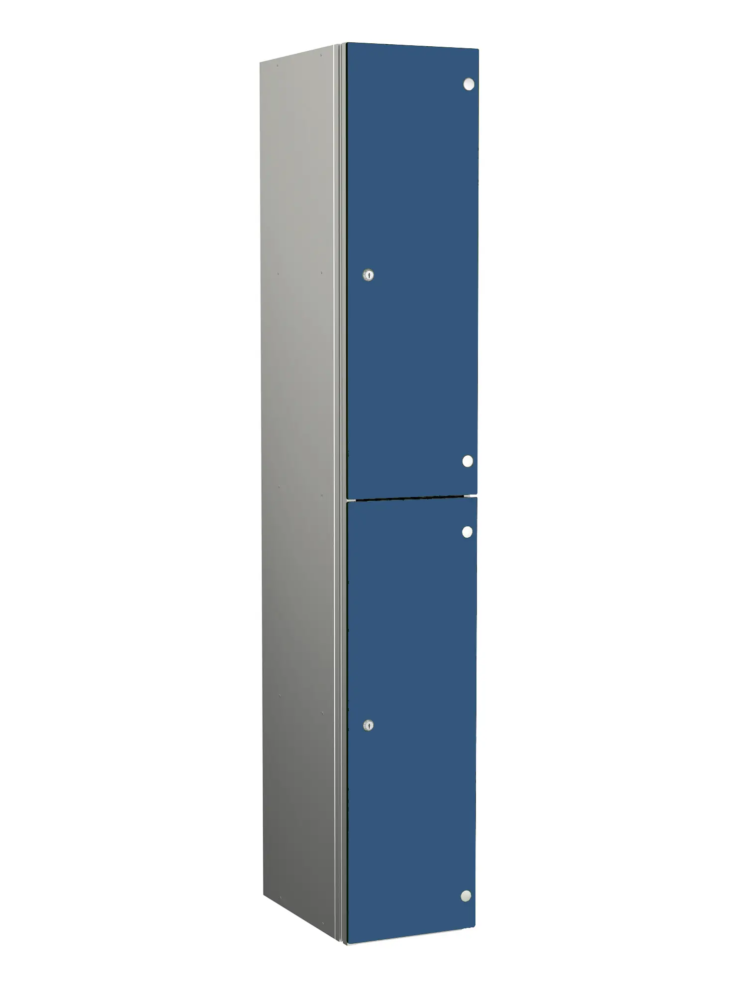 Tall aluminium locker with two blue lockable doors and silver side panels
