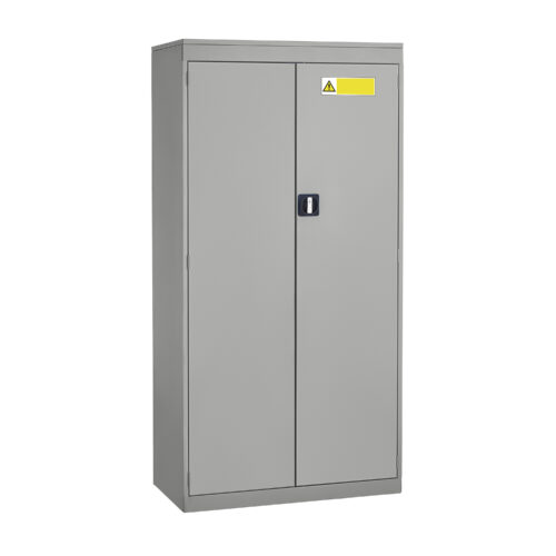Grey metal two door specialist cupboard with locking handle and yellow hazard label