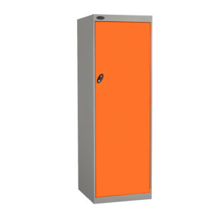 Grey steel locker with a bright orange single door and black handle