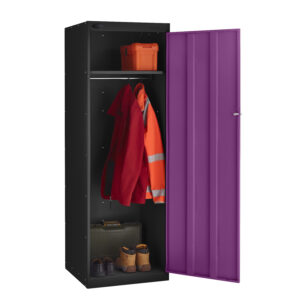 Black steel locker with purple door open showing shelf hanging rail box boots and workwear