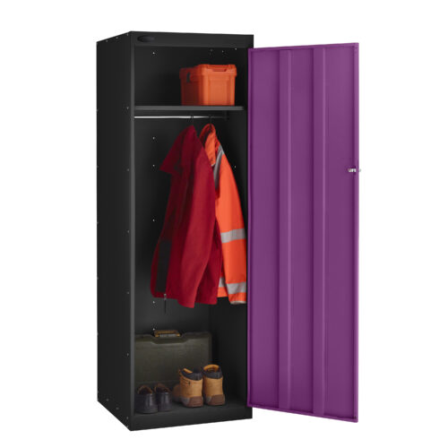 Black steel locker with purple door open showing shelf hanging rail box boots and workwear
