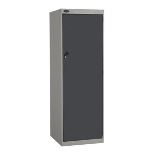 Tall grey steel locker with single dark grey door and key lock