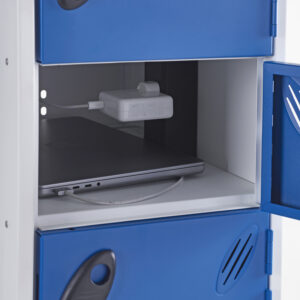 Laptop charging inside blue electrical locker with power socket and cable management