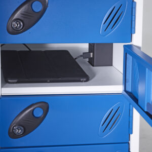Blue charging locker compartment with tablet connected to internal power socket and lockable door