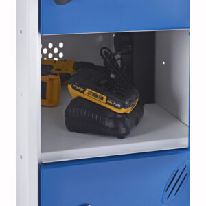 Cordless drill battery charging inside a blue electrical locker with internal power socket