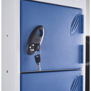Close up of blue electrical charging locker door with key lock and hanging keys