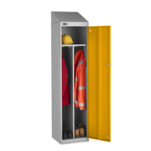 Grey workwear locker with yellow door open showing hard hat high visibility jacket and boots