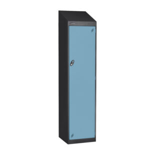 Blue single door workwear locker with black frame and sloping top