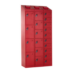 Red fire suppression locker unit with multiple lockable compartments and control modules on top