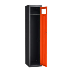 Black garment dispenser and collector locker with orange door open showing interior hooks