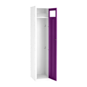 White garment dispenser cabinet with open purple door shelf and internal hanging hooks