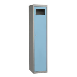 Tall grey garment collector cabinet with a blue lockable door and viewing slot near the top