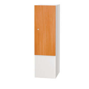 Single golf locker with wood effect door and white steel frame