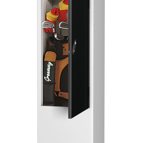 White Probe golf locker with black door partly open showing golf clubs shoes and clothing