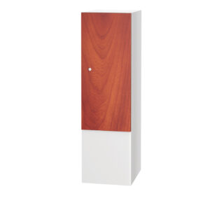 Tall white golf locker with a wood effect door and key lock