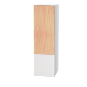 Single golf locker with light wood effect door and white frame
