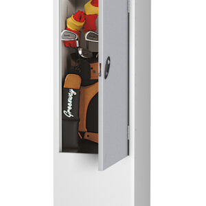 White metal golf locker with open door showing golf bag clubs shoes and folded clothing
