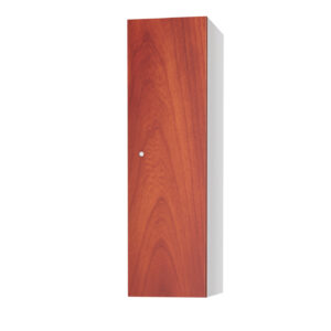 Tall golf locker with a wood effect door and white metal sides