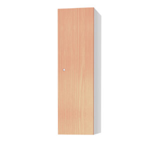 Tall golf locker with light wood effect door and white metal sides