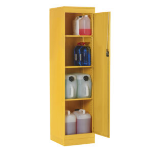 Yellow specialist storage cupboard with shelves holding chemical containers and locking door