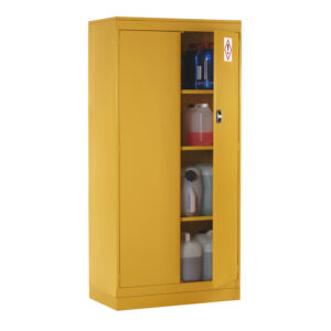 Yellow hazardous storage cupboard with partly open door and chemical containers on shelves