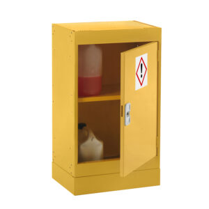 Yellow hazardous storage cupboard with warning sign and partially open door showing chemical containers