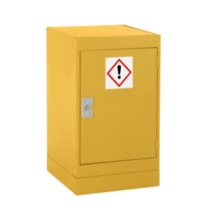 Yellow metal hazardous storage cupboard with lockable door and warning symbol