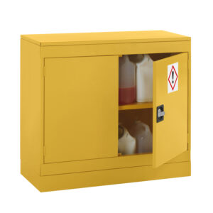 Yellow hazardous storage cupboard with one door open showing chemical containers inside