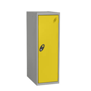 Three quarter height grey metal locker with yellow single door and black lock handle