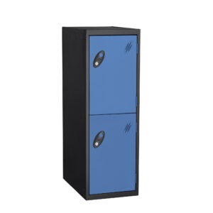Black metal locker unit with two blue half height doors and built in vents